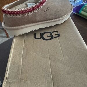 UGG  Tan Slippers with Red Trim